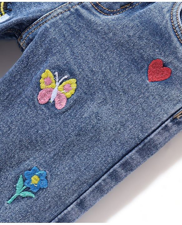 Babyhug Denim Full Length With Stretch Washed Jeans With Butterfly Embroidery - Grey