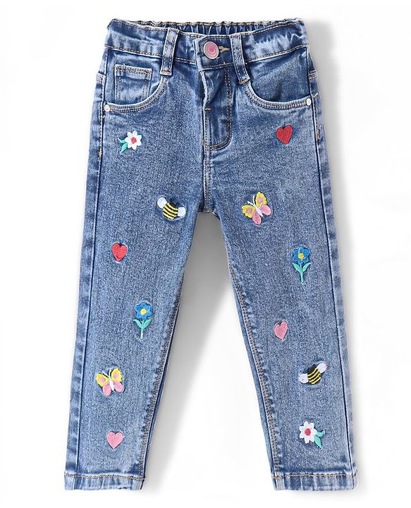 Babyhug Denim Full Length With Stretch Washed Jeans With Butterfly Embroidery - Grey