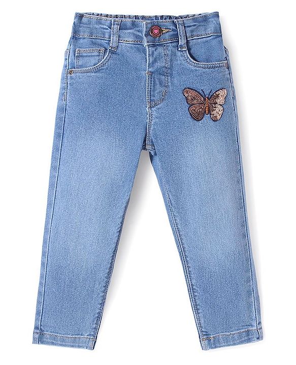 Babyhug Denim Full Length Jeans with Stretch Butterfly Applique - Blue