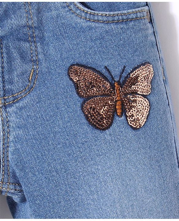Babyhug Denim Full Length Jeans with Stretch Butterfly Applique - Blue