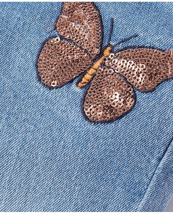 Babyhug Denim Full Length Jeans with Stretch Butterfly Applique - Blue