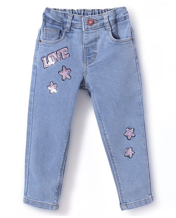 Babyhug Denim Full Length With Stretch Washed Jeans Text Print - Blue