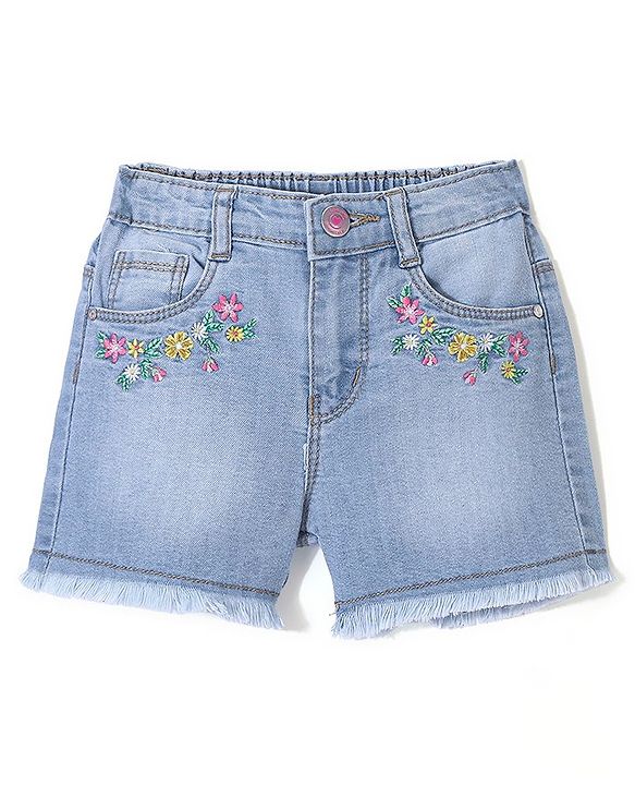 Babyhug Mid Thigh Length Washed & Stretch Denim Shorts With Floral Embroidery - Light Blue