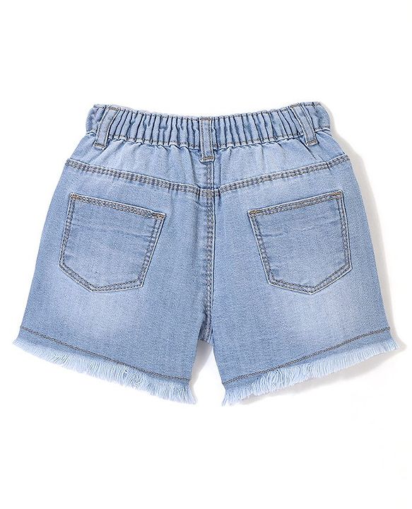 Babyhug Mid Thigh Length Washed & Stretch Denim Shorts With Floral Embroidery - Light Blue