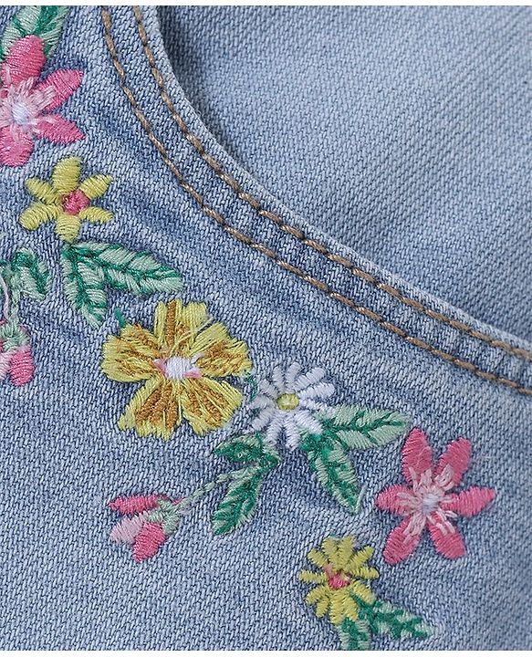 Babyhug Mid Thigh Length Washed & Stretch Denim Shorts With Floral Embroidery - Light Blue