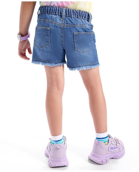 Babyhug Denim Mid Thigh Length Washed Shorts with Heart Embroidery - Navy Blue