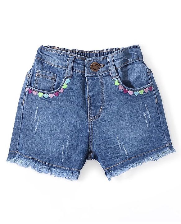 Babyhug Denim Mid Thigh Length Washed Shorts with Heart Embroidery - Navy Blue