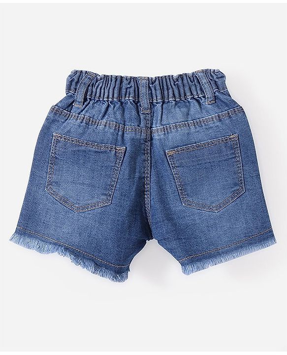 Babyhug Denim Mid Thigh Length Washed Shorts with Heart Embroidery - Navy Blue