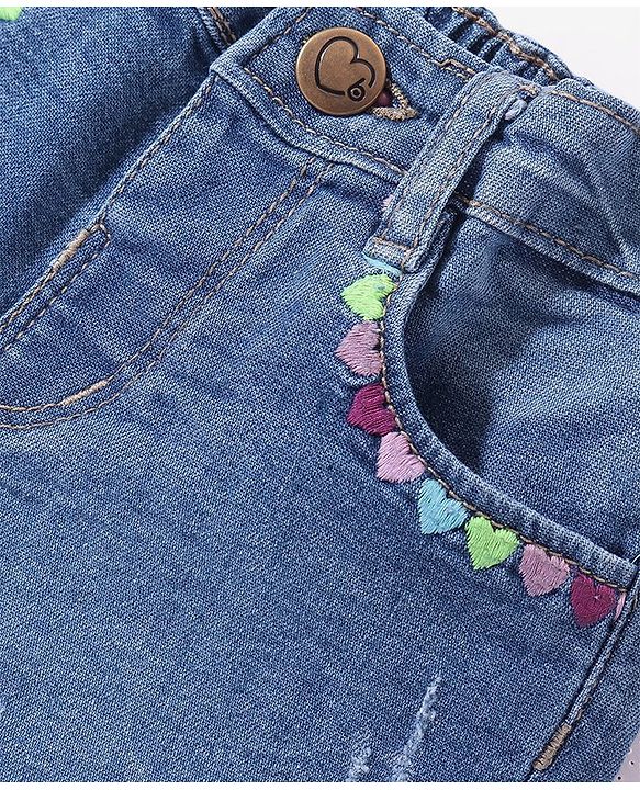 Babyhug Denim Mid Thigh Length Washed Shorts with Heart Embroidery - Navy Blue