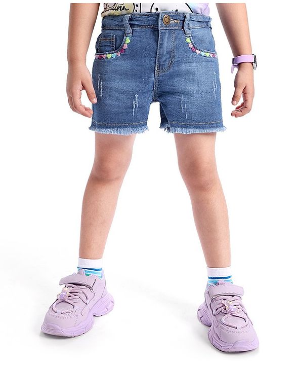 Babyhug Denim Mid Thigh Length Washed Shorts with Heart Embroidery - Navy Blue