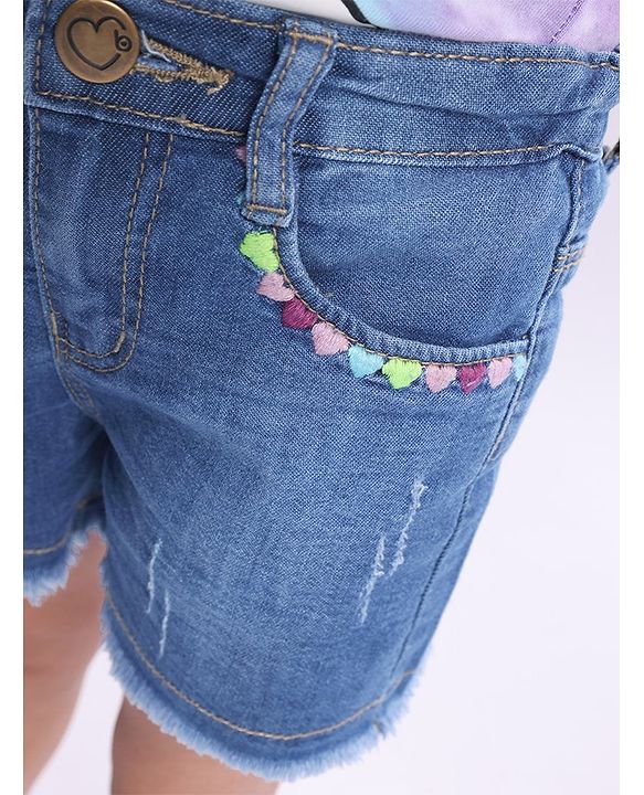 Babyhug Denim Mid Thigh Length Washed Shorts with Heart Embroidery - Navy Blue