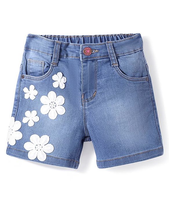 Babyhug Denim Mid Thigh Length With Stretch Shorts Floral Applique - Blue