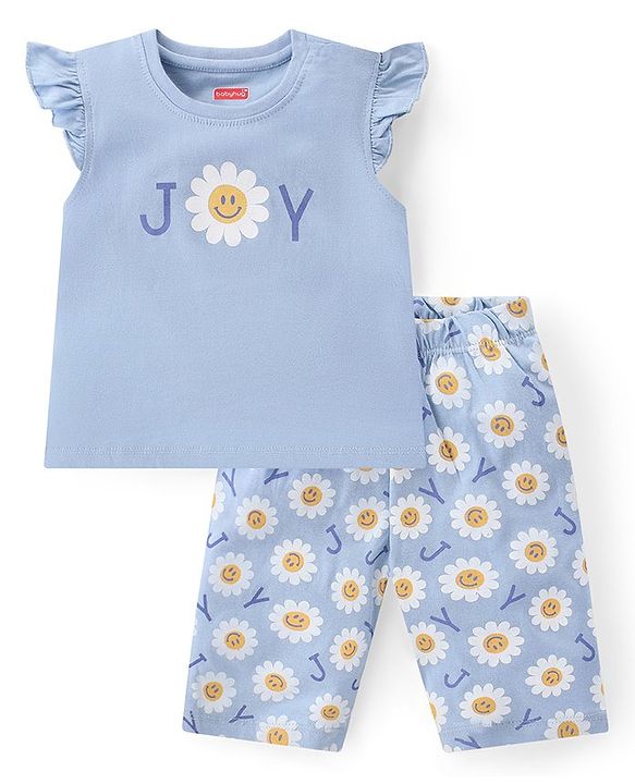 Babyhug Cotton Knit Single Jersey Frill Sleeve Night Suit With Floral Print - Purple