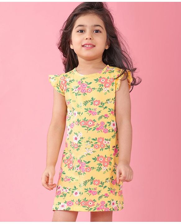 Babyhug Single Jersey Knit Half Sleeves Nighty with Frill Detailing Floral Print - Yellow