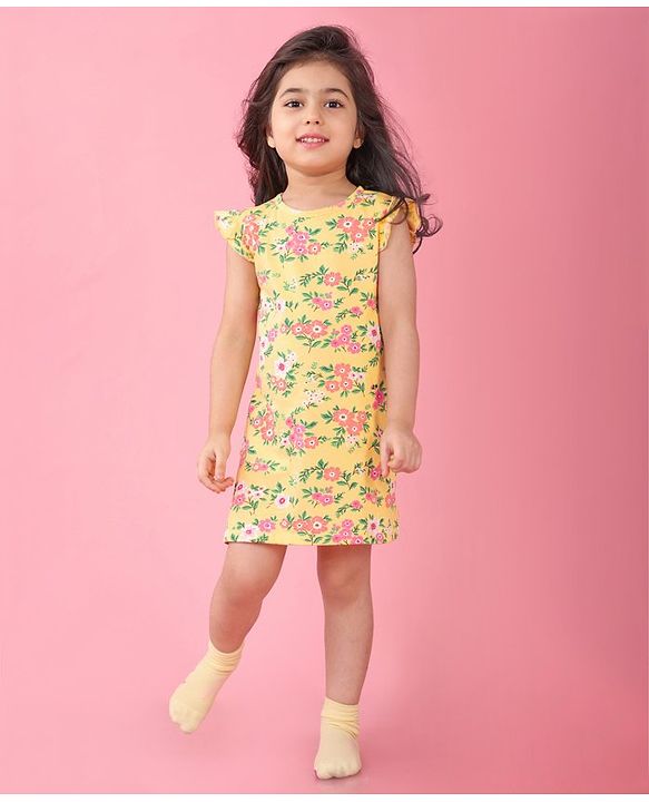 Babyhug Single Jersey Knit Half Sleeves Nighty with Frill Detailing Floral Print - Yellow