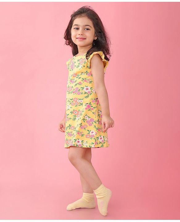 Babyhug Single Jersey Knit Half Sleeves Nighty with Frill Detailing Floral Print - Yellow
