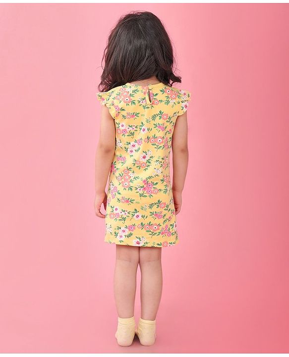 Babyhug Single Jersey Knit Half Sleeves Nighty with Frill Detailing Floral Print - Yellow