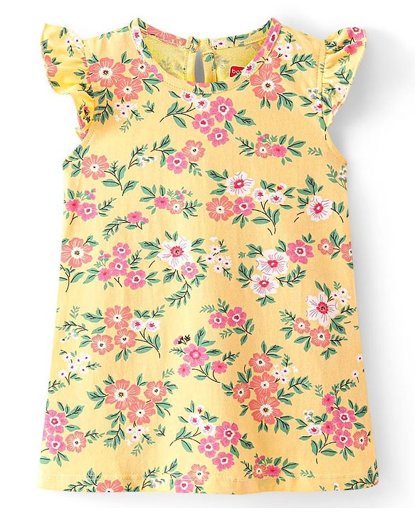 Babyhug Single Jersey Knit Half Sleeves Nighty with Frill Detailing Floral Print - Yellow