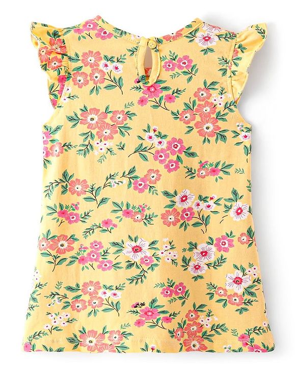 Babyhug Single Jersey Knit Half Sleeves Nighty with Frill Detailing Floral Print - Yellow