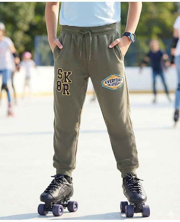 Pine Kids Looper Knit Full Length Joggers With Skateday Print- Green