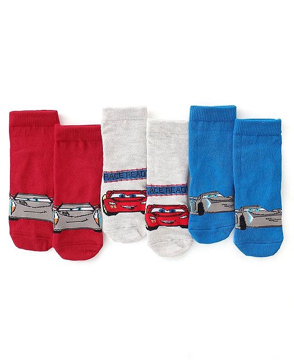 Cute Walk by Babyhug Disney Anti Bacterial Ankle Length Socks with Cars Graphics Pack of 3 - Multicolour