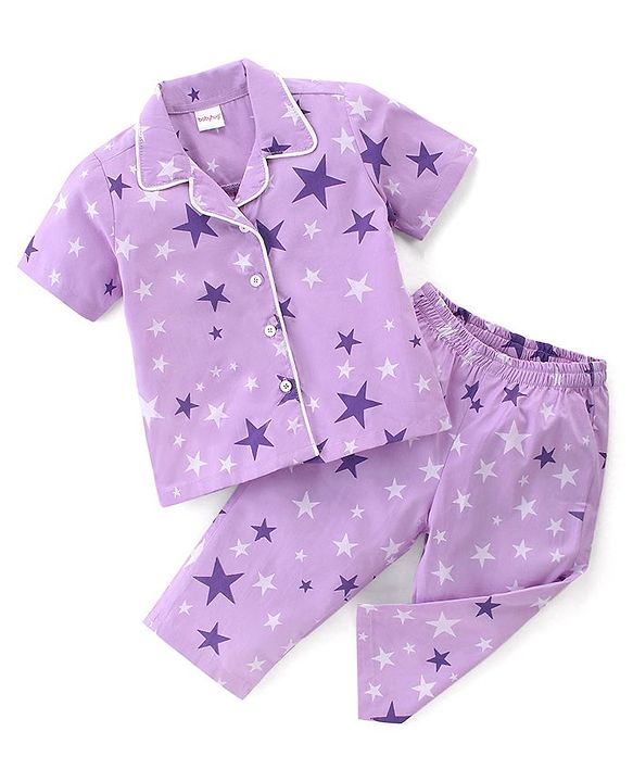 Babyhug Cotton Poplin Woven Half Sleeves Night Suit Star Print - Lavender