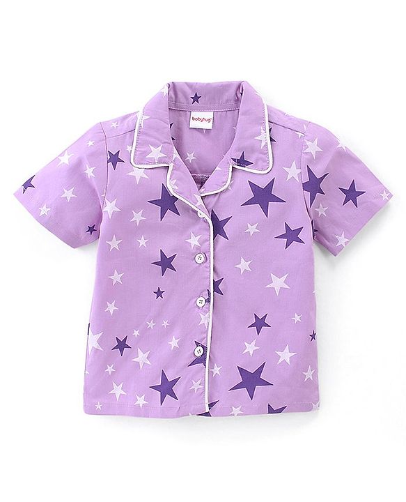 Babyhug Cotton Poplin Woven Half Sleeves Night Suit Star Print - Lavender