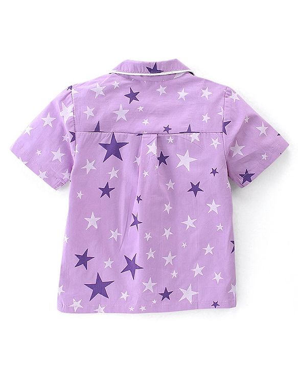Babyhug Cotton Poplin Woven Half Sleeves Night Suit Star Print - Lavender