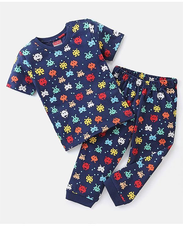 Babyhug Cotton Knit Half Sleeves Printed Night Suit - Blue