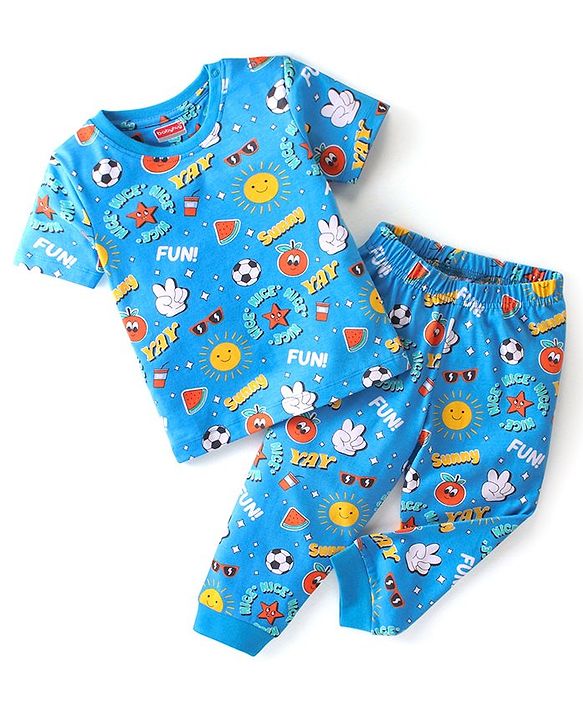 Babyhug Cotton Knit Half Sleeves Night Suit With Summer Theme Print - Blue