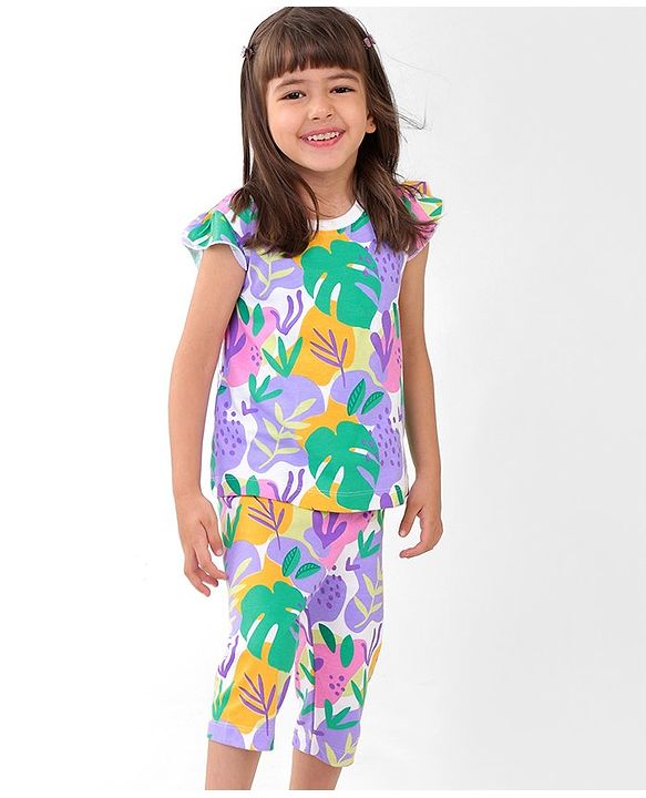 Babyhug Cotton Knit Single Jersey Frill Sleeves Night Suit with Print - Purple & Green