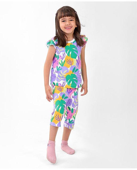 Babyhug Cotton Knit Single Jersey Frill Sleeves Night Suit with Print - Purple & Green