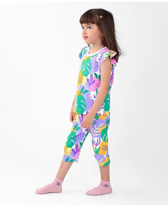 Babyhug Cotton Knit Single Jersey Frill Sleeves Night Suit with Print - Purple & Green
