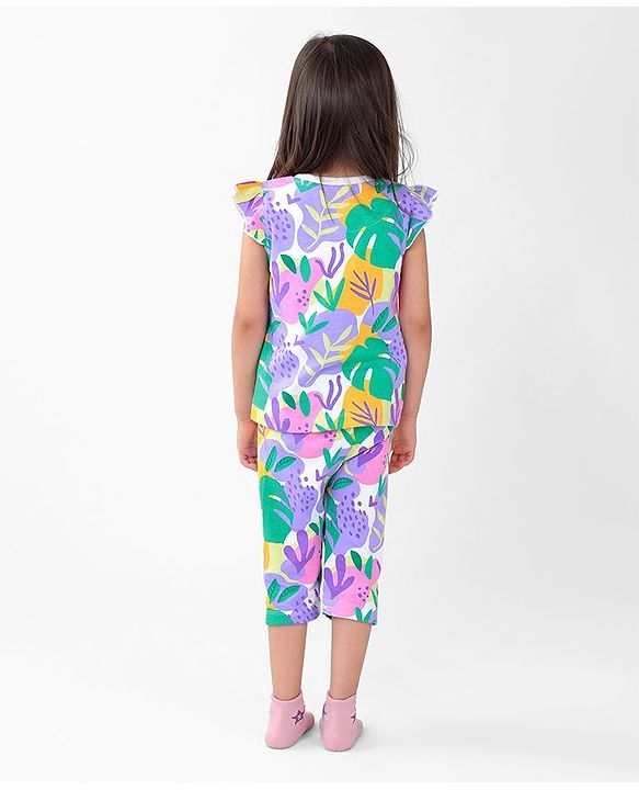 Babyhug Cotton Knit Single Jersey Frill Sleeves Night Suit with Print - Purple & Green