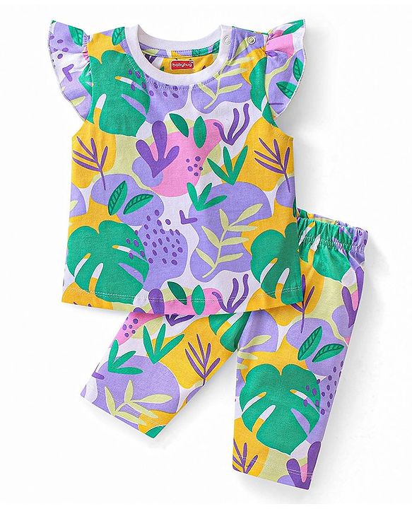 Babyhug Cotton Knit Single Jersey Frill Sleeves Night Suit with Print - Purple & Green