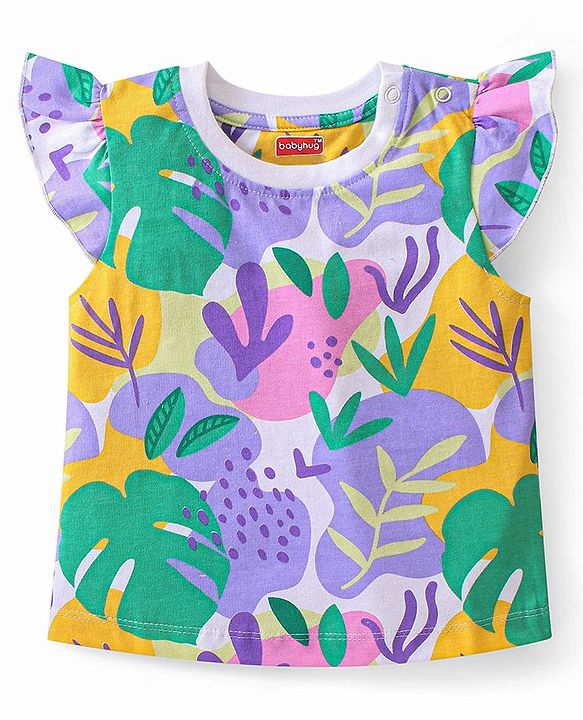 Babyhug Cotton Knit Single Jersey Frill Sleeves Night Suit with Print - Purple & Green