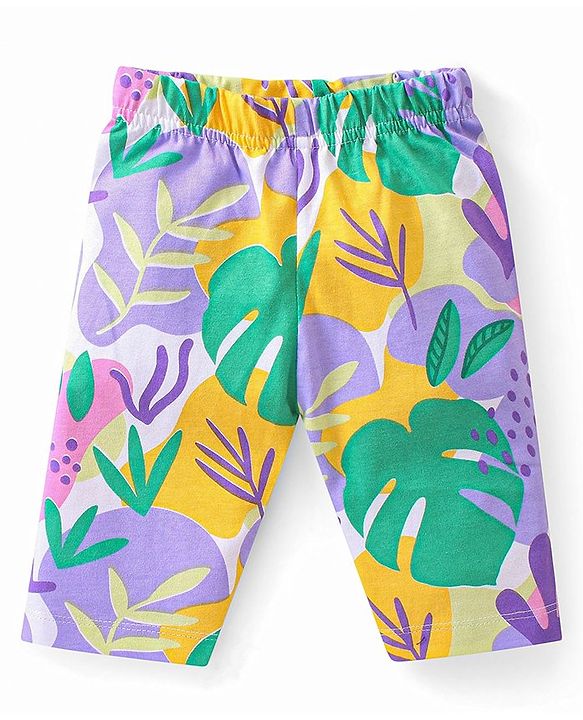 Babyhug Cotton Knit Single Jersey Frill Sleeves Night Suit with Print - Purple & Green