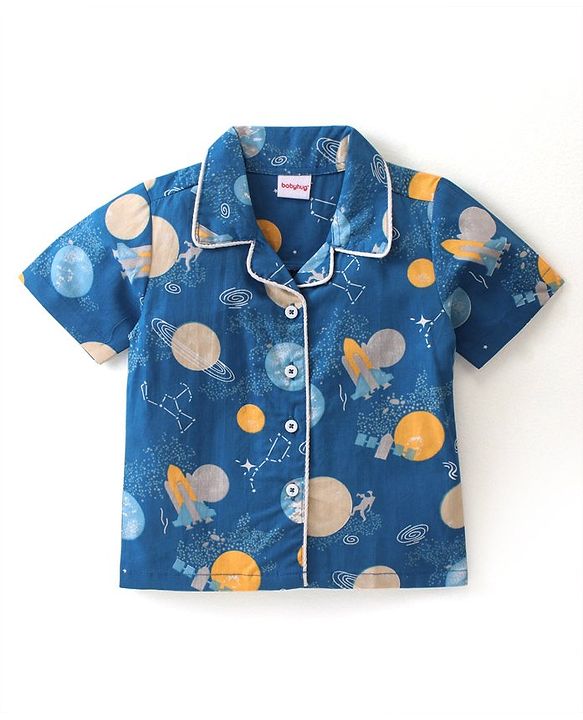 Babyhug Cotton Woven Half Sleeves Night Suit Astronut Print - Blue
