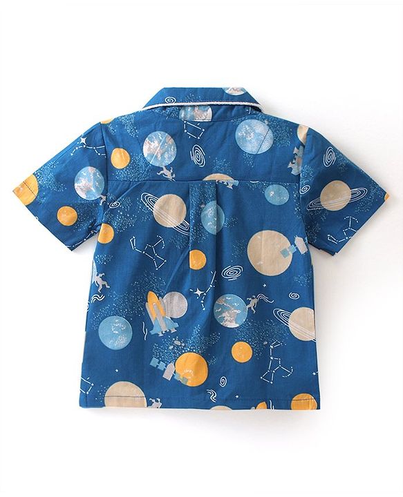 Babyhug Cotton Woven Half Sleeves Night Suit Astronut Print - Blue