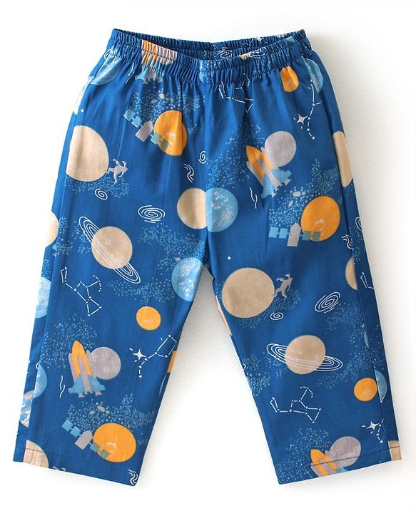 Babyhug Cotton Woven Half Sleeves Night Suit Astronut Print - Blue
