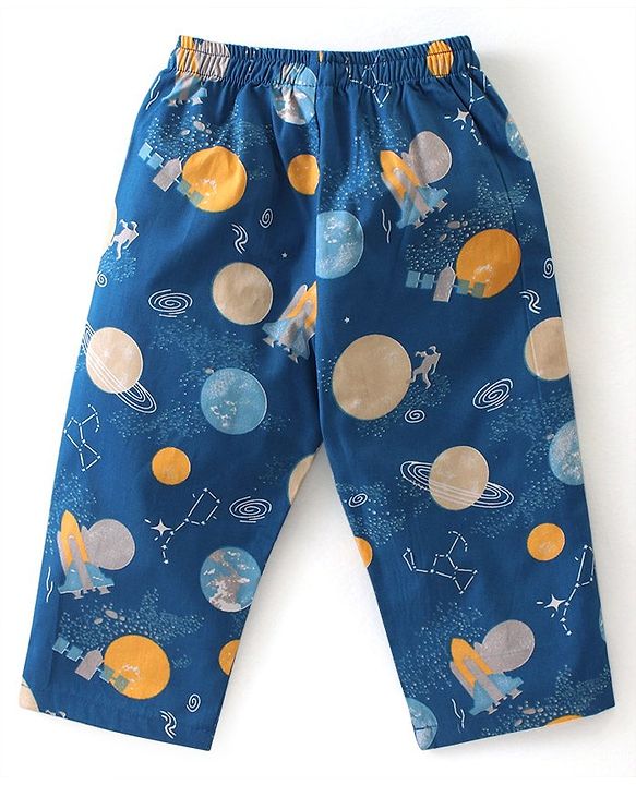 Babyhug Cotton Woven Half Sleeves Night Suit Astronut Print - Blue