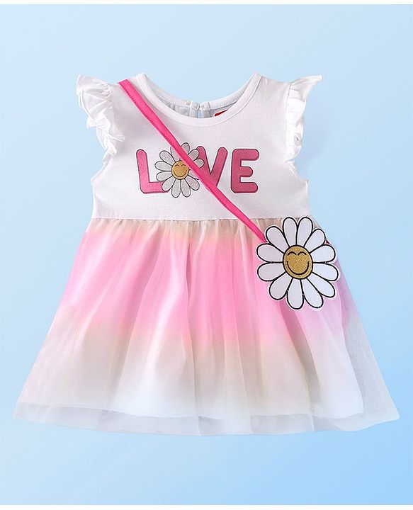 Babyhug Single Jersey Knit Frill Sleeves Text Print Frock with Floral Shaped Sling - White & Pink