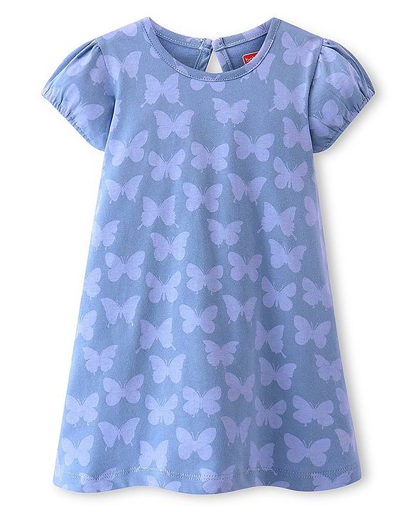 Babyhug Cotton Knit Half Sleeves Nighty With Butterfly Print - Blue
