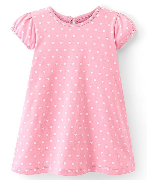 Babyhug Cotton Knit Single Jersey Half Sleeves Nighty with Heart Print - Pink