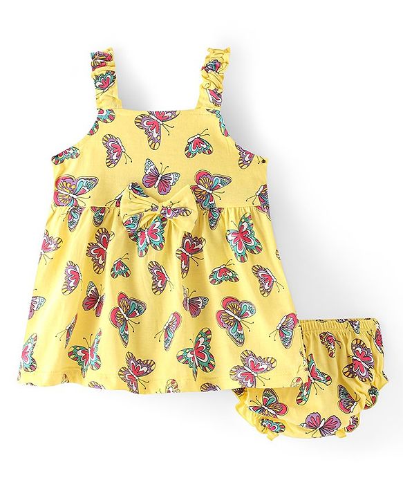 Babyhug Single Jersey Knit Singlet Sleeves Butterfly Printed Frock with Bloomer - Yellow