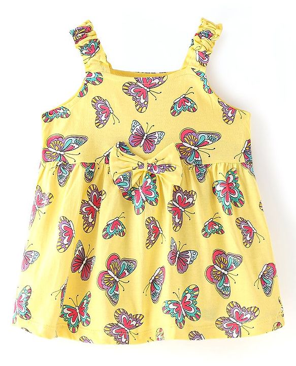 Babyhug Single Jersey Knit Singlet Sleeves Butterfly Printed Frock with Bloomer - Yellow