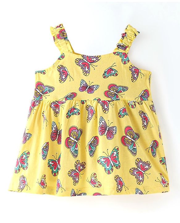 Babyhug Single Jersey Knit Singlet Sleeves Butterfly Printed Frock with Bloomer - Yellow