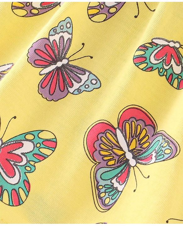 Babyhug Single Jersey Knit Singlet Sleeves Butterfly Printed Frock with Bloomer - Yellow