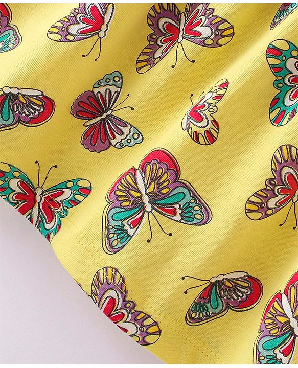 Babyhug Single Jersey Knit Singlet Sleeves Butterfly Printed Frock with Bloomer - Yellow