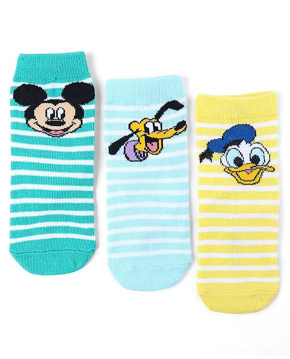 Cute Walk by Babyhug Disney Non Terry Ankle Length Anti-bacterial Socks Mickey Mouse Family Graphics Pack of 3 - Multicolour